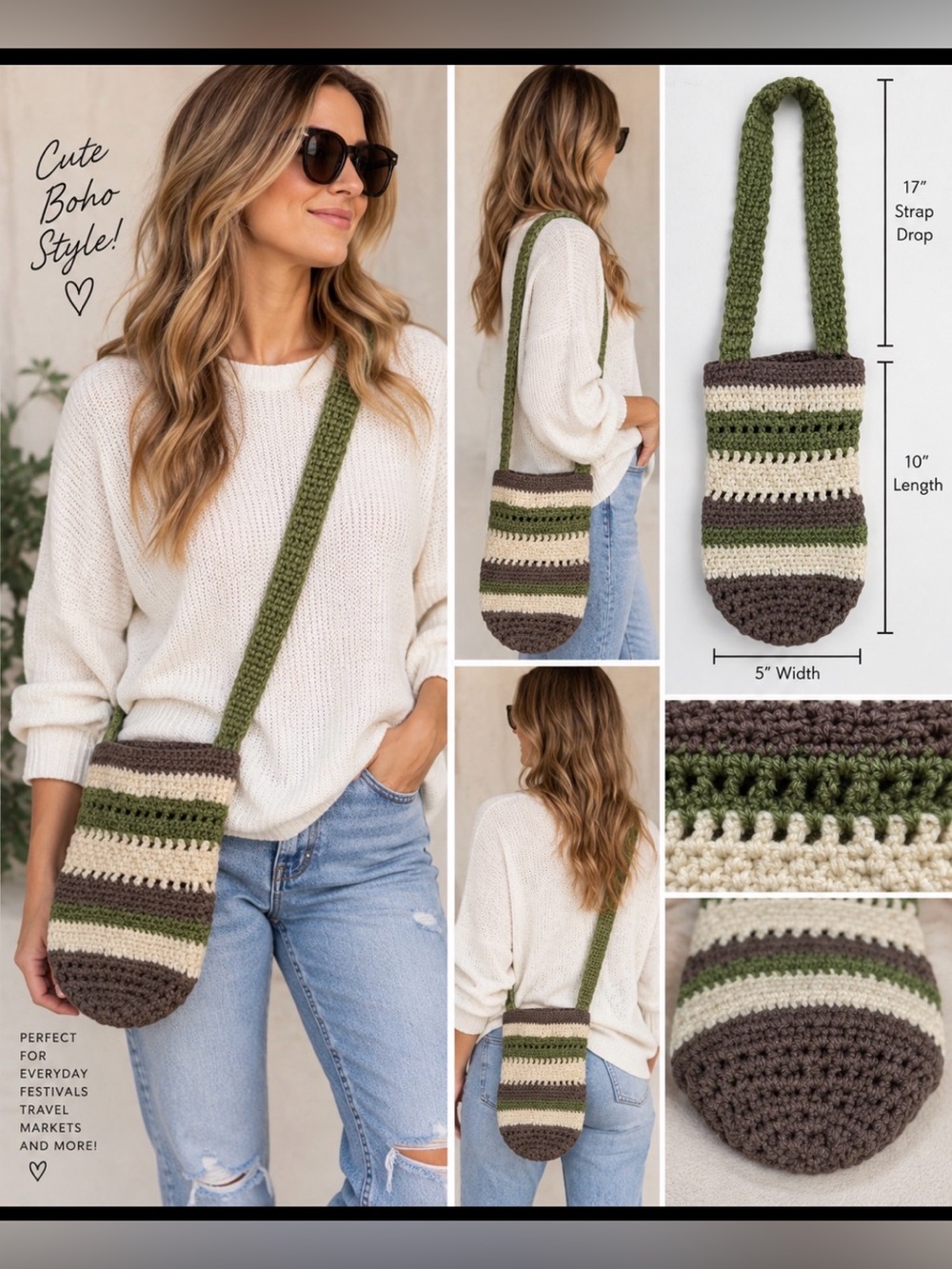 Handmade Crochet Crossbody Bag Olive Green Cream Brown Boho Shoulder Purse
